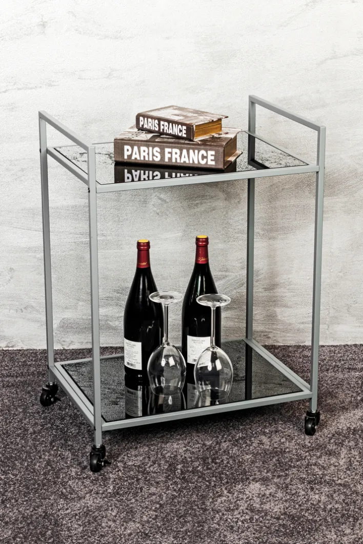 Beistelltisch auf Rollen 50 x 36 cm Glas schwarz lackiert/grau