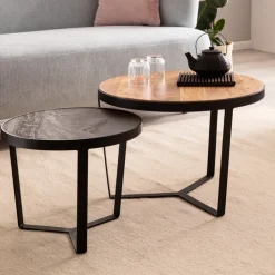 CASAVANTI Couchtisch 2er Set Akazie Massivholz / Steinoptik schwarz/braun