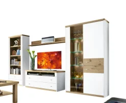 CASAVANTI Wohnwand ANDORRA 350 x 184 x 41 cm Asteiche furniert/ Lack weiß