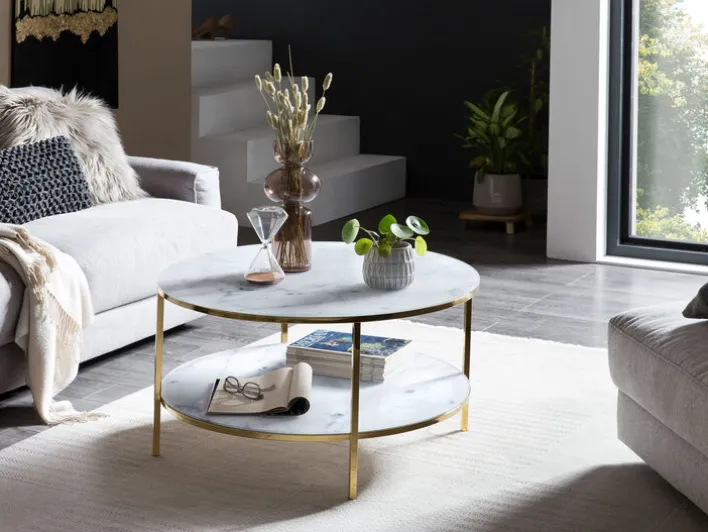 Couchtisch 80 x 80 cm rund gold/weiß mit Ablage