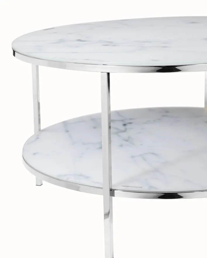 Couchtisch 80 x 80 cm rund weiß/chrom mit Ablage