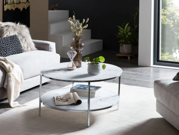 Couchtisch 80 x 80 cm rund weiß/chrom mit Ablage