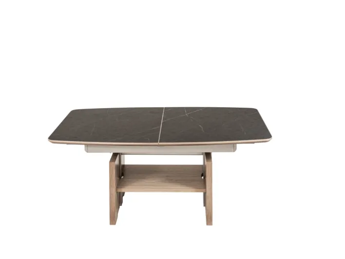 Couchtisch 120 x 70 x 54–73 cm Kunststoff / Eiche furniert Bianco lackiert braun/Marmara Nero Grau