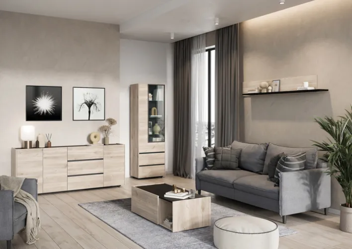 Couchtisch EMMA 112 x 37 cm Castello-Eiche-Dekor beige/schwarz