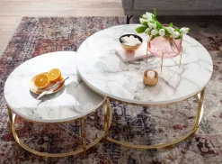 Couchtisch 2er Set Goldfarbig/ Marmor Optik Weiß