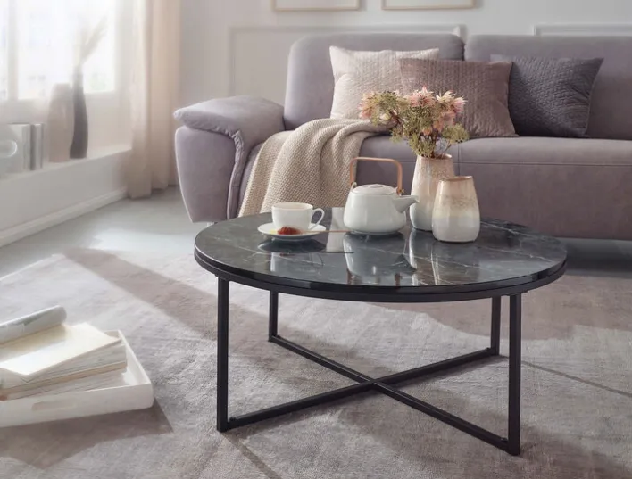 Couchtisch rund 80 cm Schwarz/ Marmor Optik Schwarz