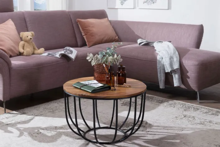 Couchtisch rund 60 x 39 cm Schwarz/ Sheesham massiv