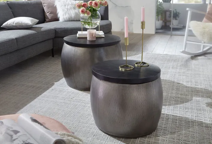 Couchtisch rund 2er Set Silberfarbig/ Schwarz