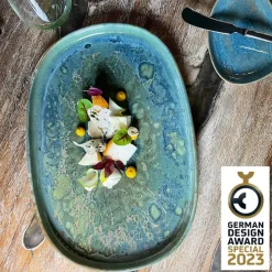 CreaTable Servierplatte YUKI 33 cm Hochwertiges Steinzeug blau/weiß