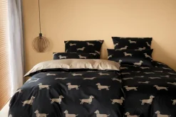 elegante Makosatin-Bettwäsche DACKEL 155 x 220 cm schwarz/beige