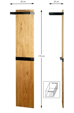 Garderobenpaneel 35 x 175 cm Eiche Massivholz/schwarz