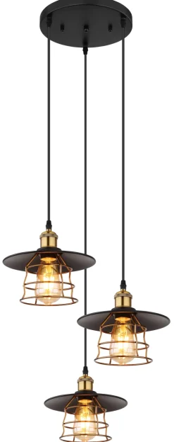 GLOBO Retrofit Pendelleuchte VIEJO 3-flg schwarz /altmessingfarbig