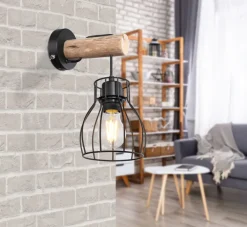 GLOBO Retrofit Wandleuchte MINA II schwarz /Holz naturfarbig