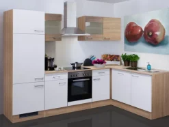 Küchenwinkel Jack – L-Form – Samoa Weiß / Eiche Sonoma Nachbildung – inklusive E-Geräte