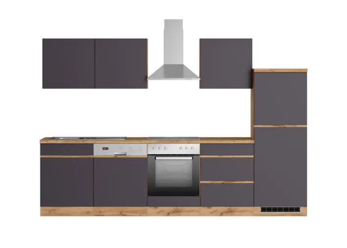 Küchenzeile AALBORG 300 cm Wotan Eiche Dekor/ Matt Grau