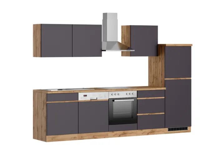 Küchenzeile AALBORG 300 cm Wotan Eiche Dekor/ Matt Grau