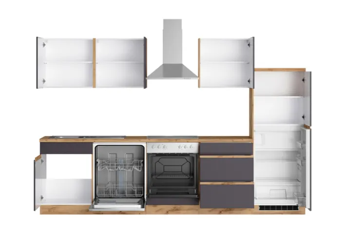 Küchenzeile AALBORG 300 cm Wotan Eiche Dekor/ Matt Grau