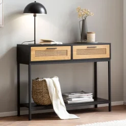 Konsolentisch 100 x 75 x 30 cm Schwarz/ Wiener Geflecht