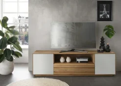 Lowboard 158 x 44 cm Eiche massiv/Glas satinato