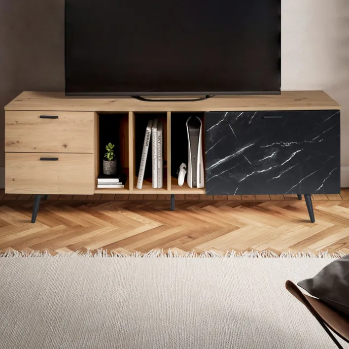 Lowboard 150 x 55 cm Eiche-Dekor/Marmor-Optik