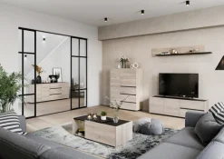 Lowboard EMMA 162 x 63 cm Castello-Eiche-Dekor beige/schwarz