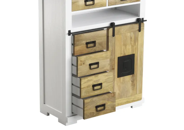 PHILL HILL Highboard LEWIS 90 x 130 x 45 cm Mango massiv/weiß/schwarz
