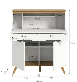 Sekretär SCANDI 110x118 cm Weiß Braun Nox Oak Nachbildung