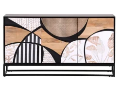 Sideboard DAKOTA Mango massiv Metall 75 x 140 x 40 cm pulverbeschichtet Frontabsetzung Mango natur/weiß/weiß-schwarz gestreift/Wiener Geflecht/Korpus Mango schwarz gebeizt/lackiert
