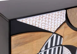 Sideboard DAKOTA Mango massiv Metall 75 x 140 x 40 cm pulverbeschichtet Frontabsetzung Mango natur/weiß/weiß-schwarz gestreift/Wiener Geflecht/Korpus Mango schwarz gebeizt/lackiert