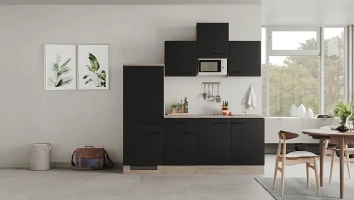 Singleküche MARY Touch Schwarz/Endgrain Oak ca.210x205x60 cm