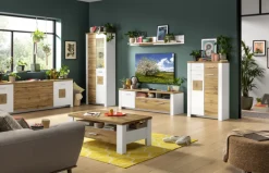 Vitrine RAMIRA 80x202 cm Weiß supermatt / Eiche Nachbildung