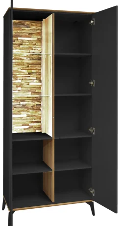 Vitrinenschrank COMO 81 x 180 cm Anthrazit matt Lack/Asteiche-Dekor