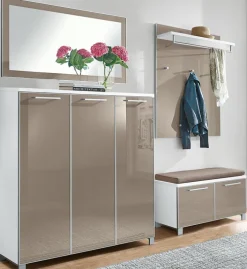 VOSS Garderobenkombination 4-teilig SANTINA 290 x 190 x 40 cm Lack weiß/ Glasfront taupe